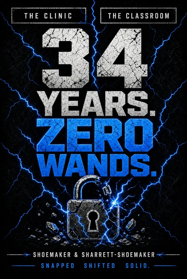 Poster: The Clinic. The Classroom. 34 Years. Zero Wands. A cracked padlock split by blue lightning. Shoemaker and Sharrett-Shoemaker. Snapped. Shifted. Solid.